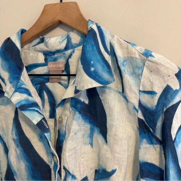 Chico’s Blue White Linen Printed Tunic Top Small - Picture 10 of 11